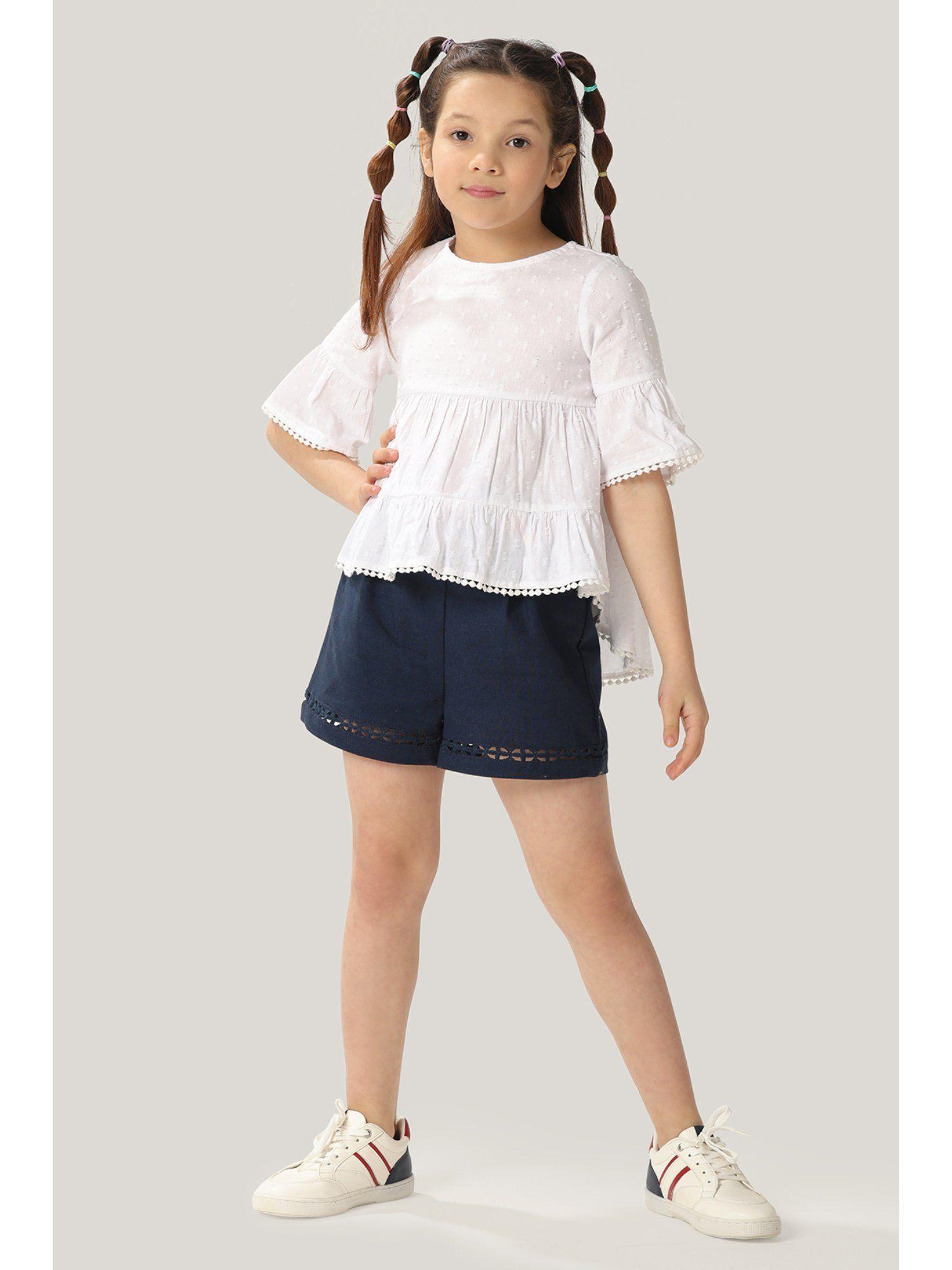 girls white stretchable cotton dobby round neck tiered top