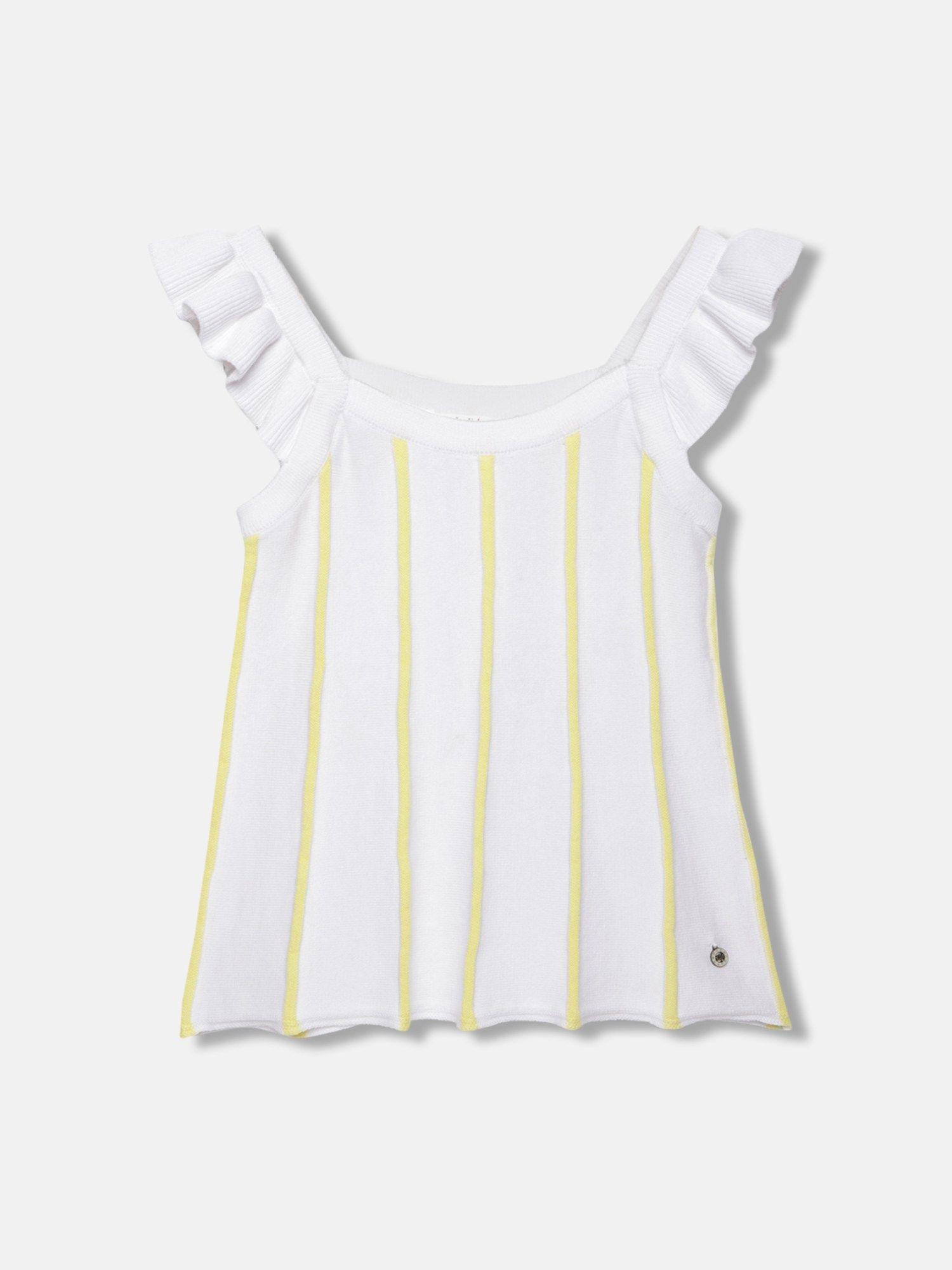 girls white striped scoop neck ruffled sleeves top