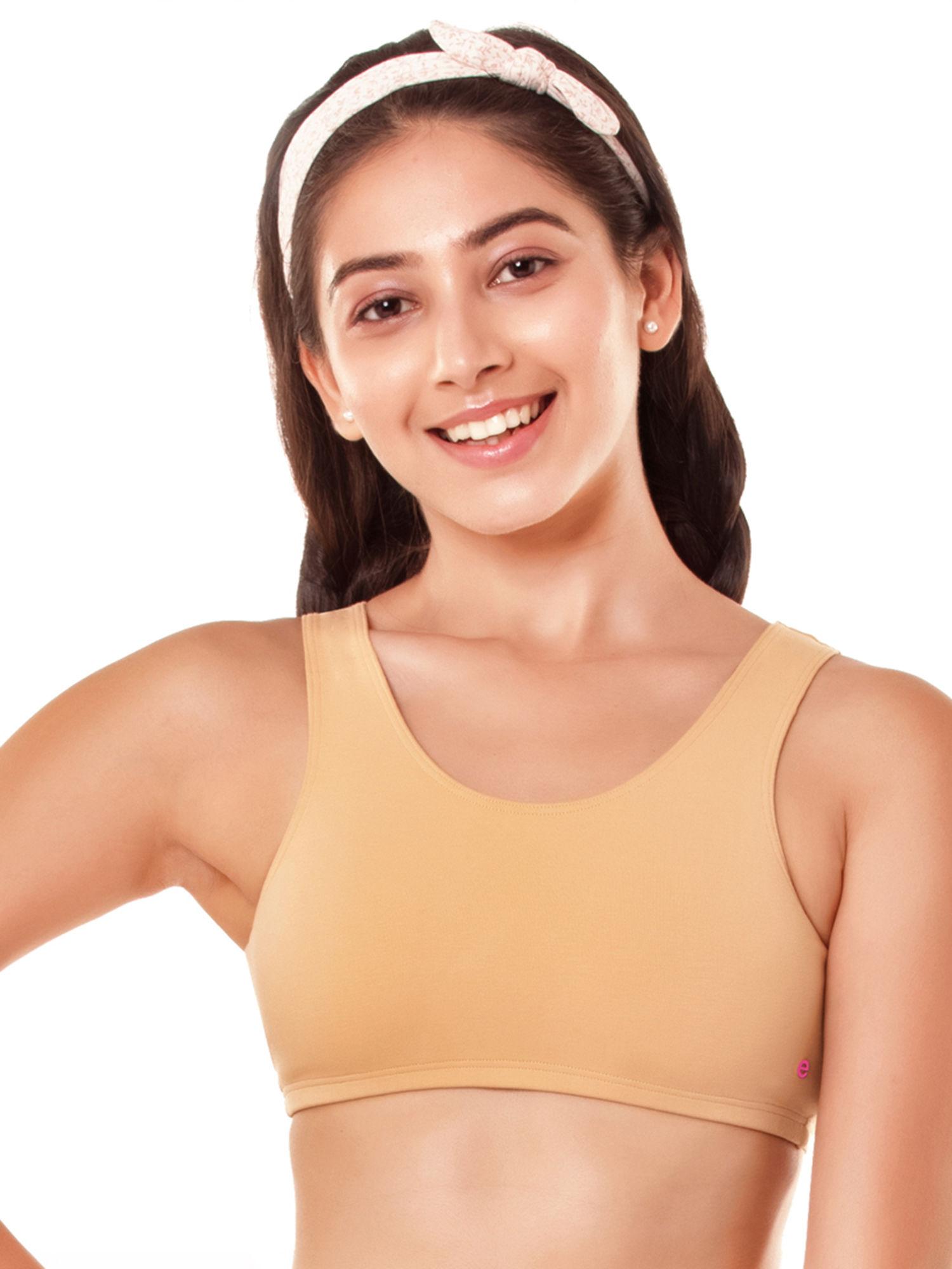 girls wide strap cotton non-padded antimicrobial beginners non-wired bra, bb01 - beige