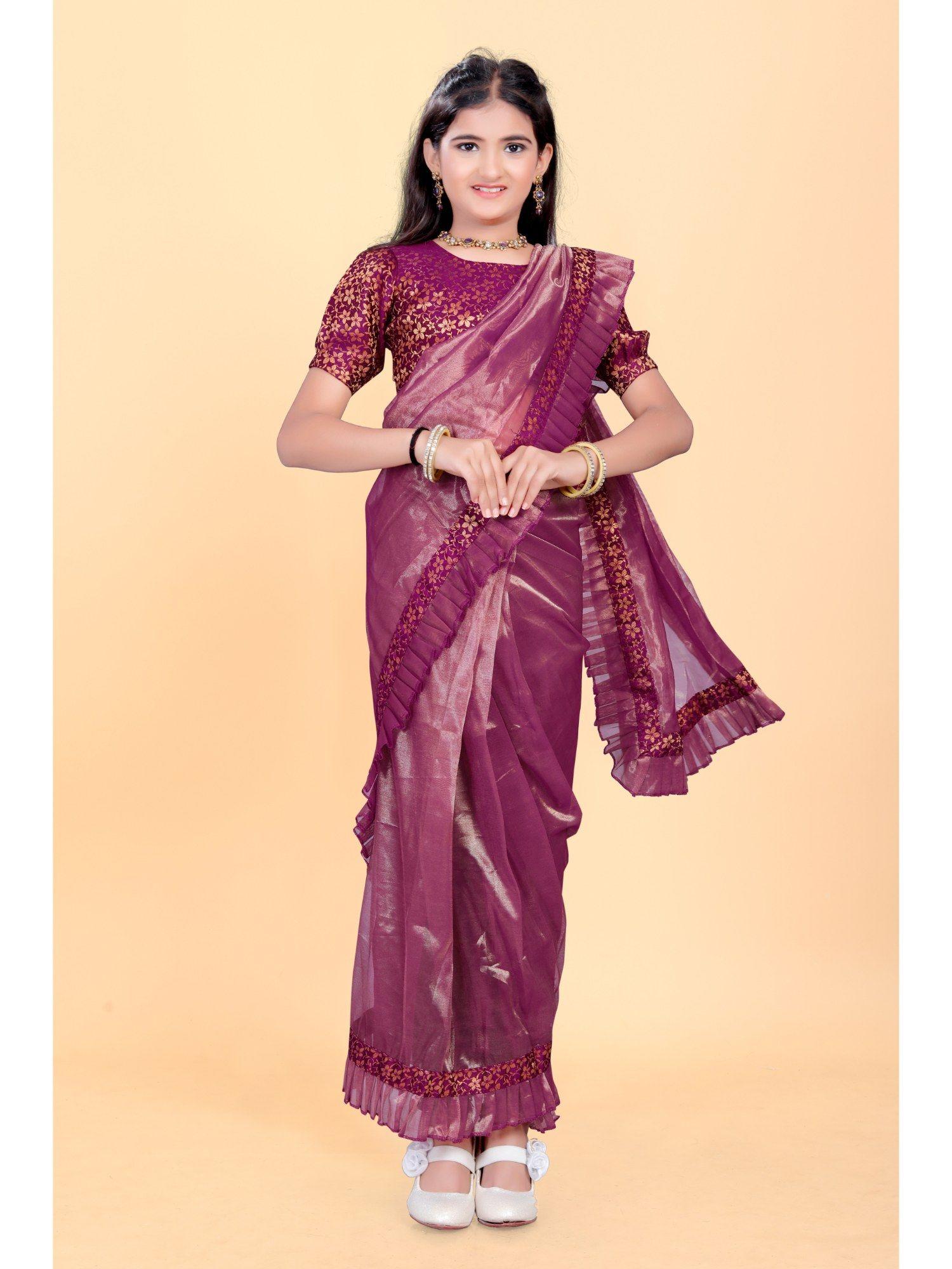 girls wine net fabric pre-stitched saree with jacquard unstitched blouse