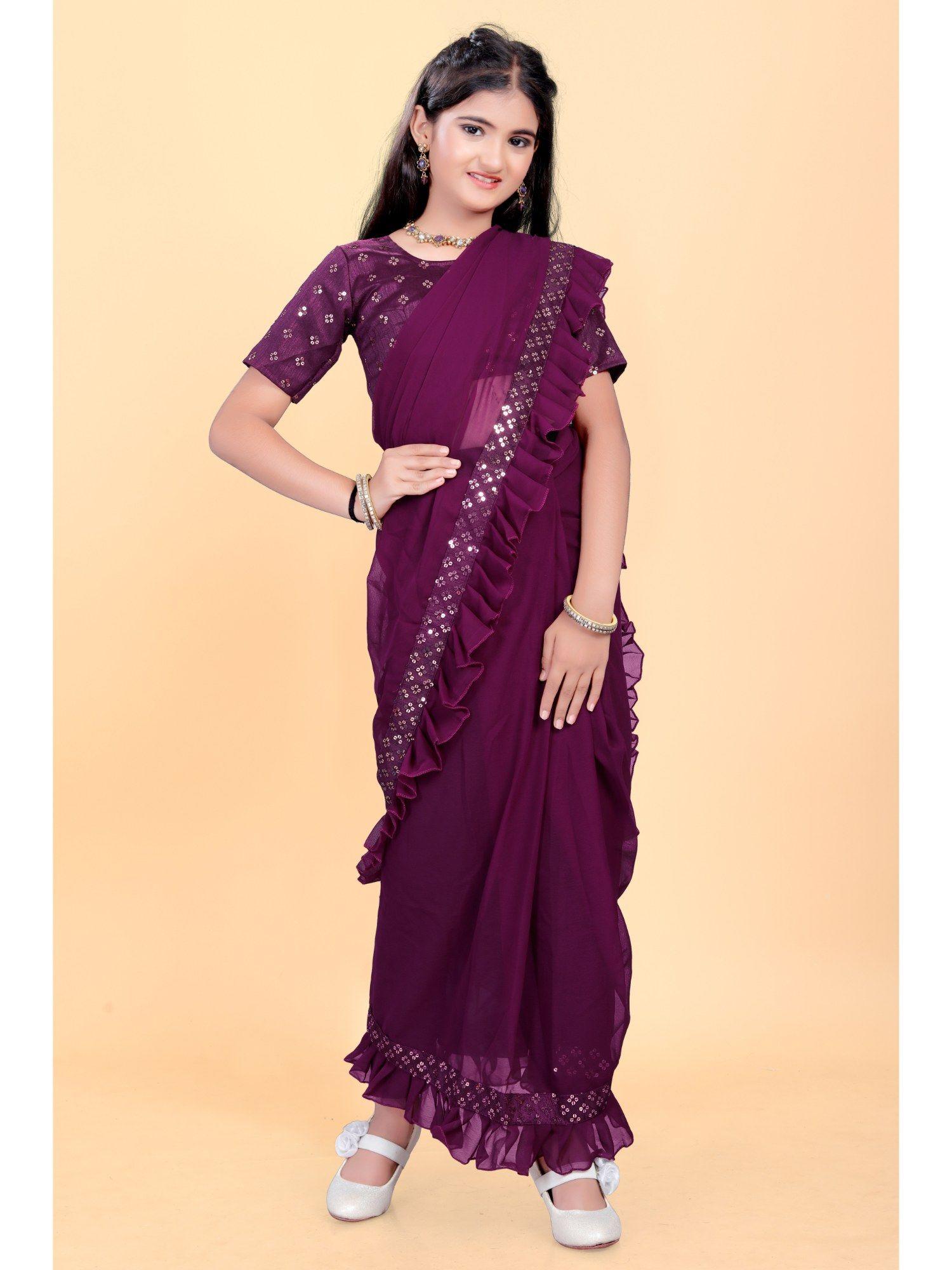 girls wine pre-stitched saree with embellished unstitched blouse