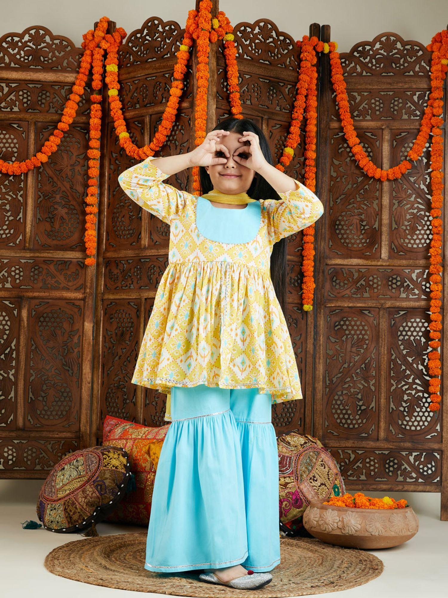 girls yellow and aqua kurta sharara & dupatta (set of 3)