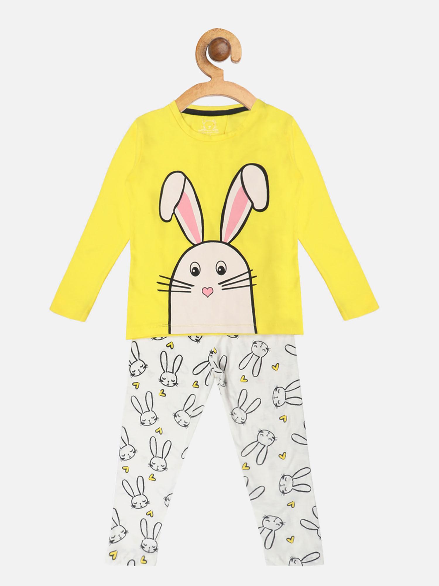 girls yellow and white bunny printed night suit (set of 2)