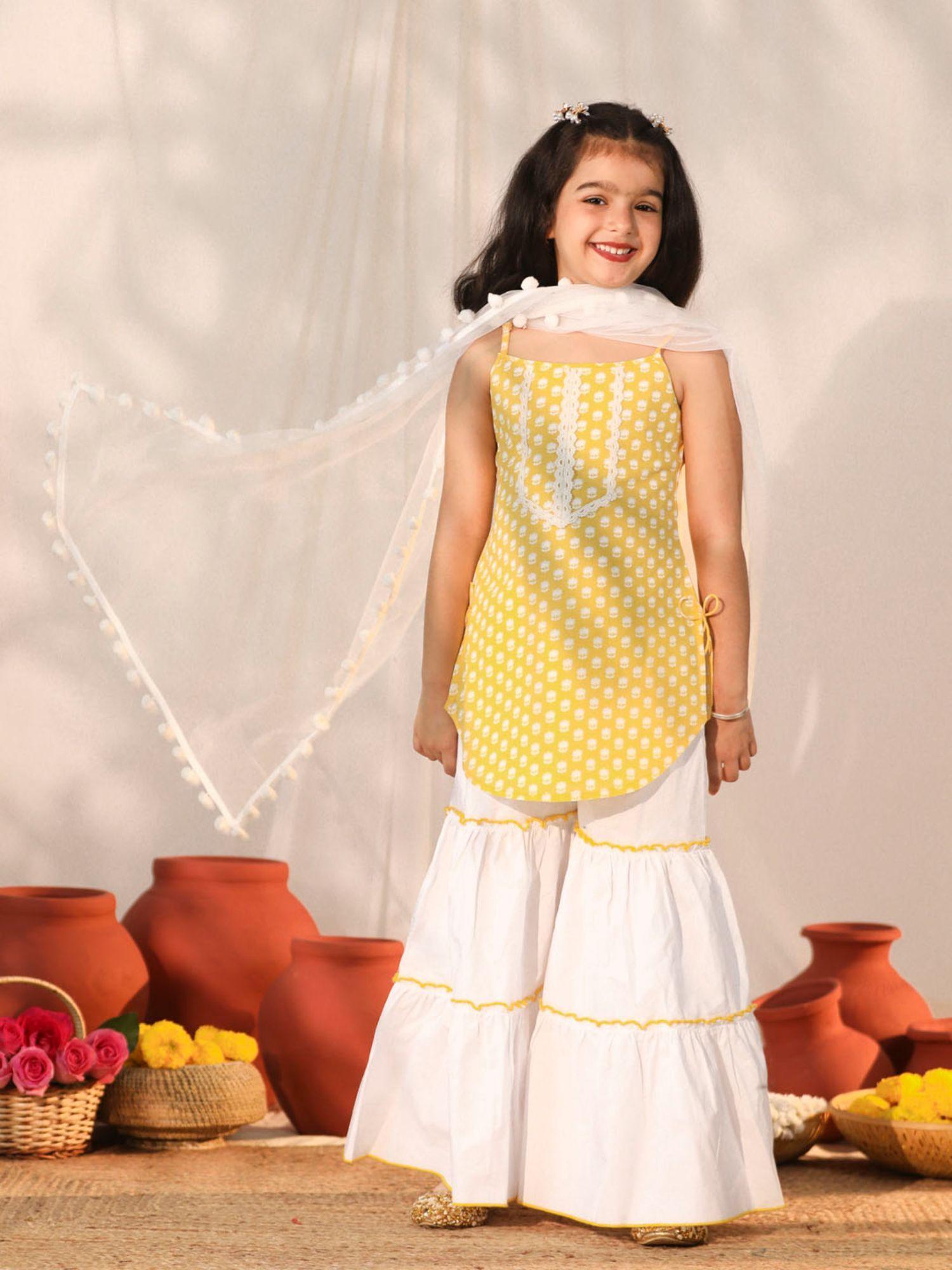 girls yellow and white kurta sharara & dupatta (set of 3)