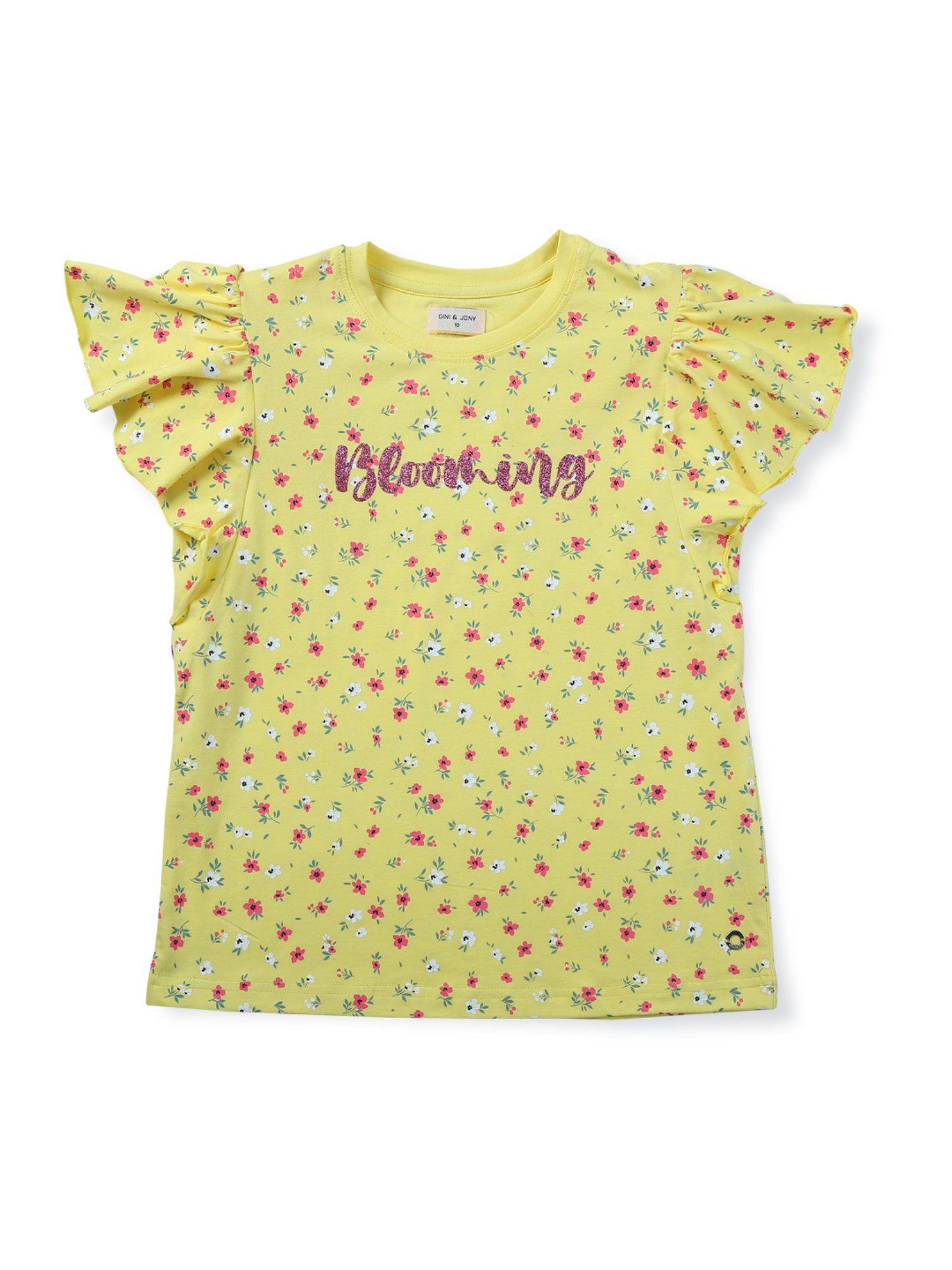 girls yellow cotton printed knit top