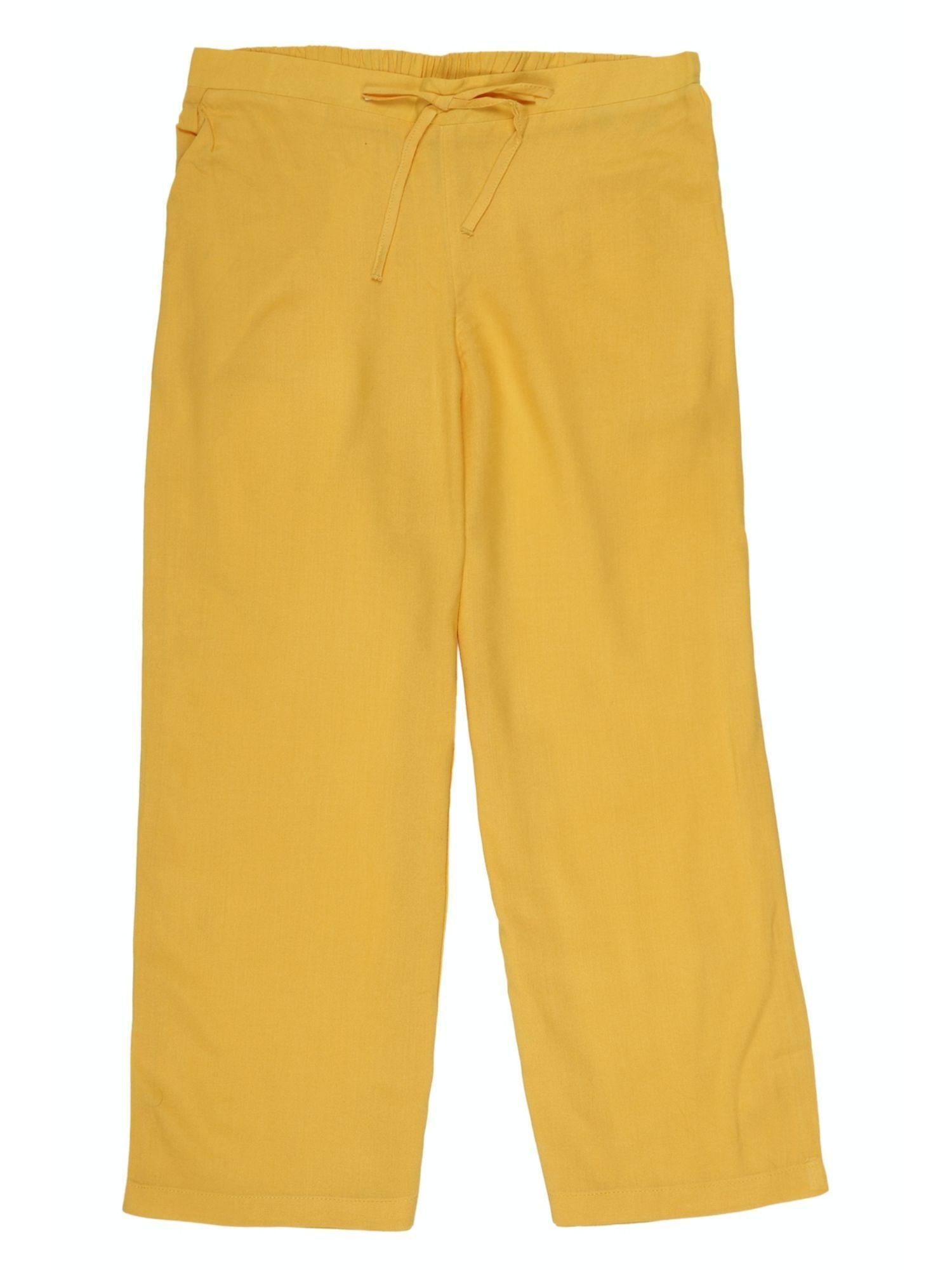 girls yellow solid regular fit trousers