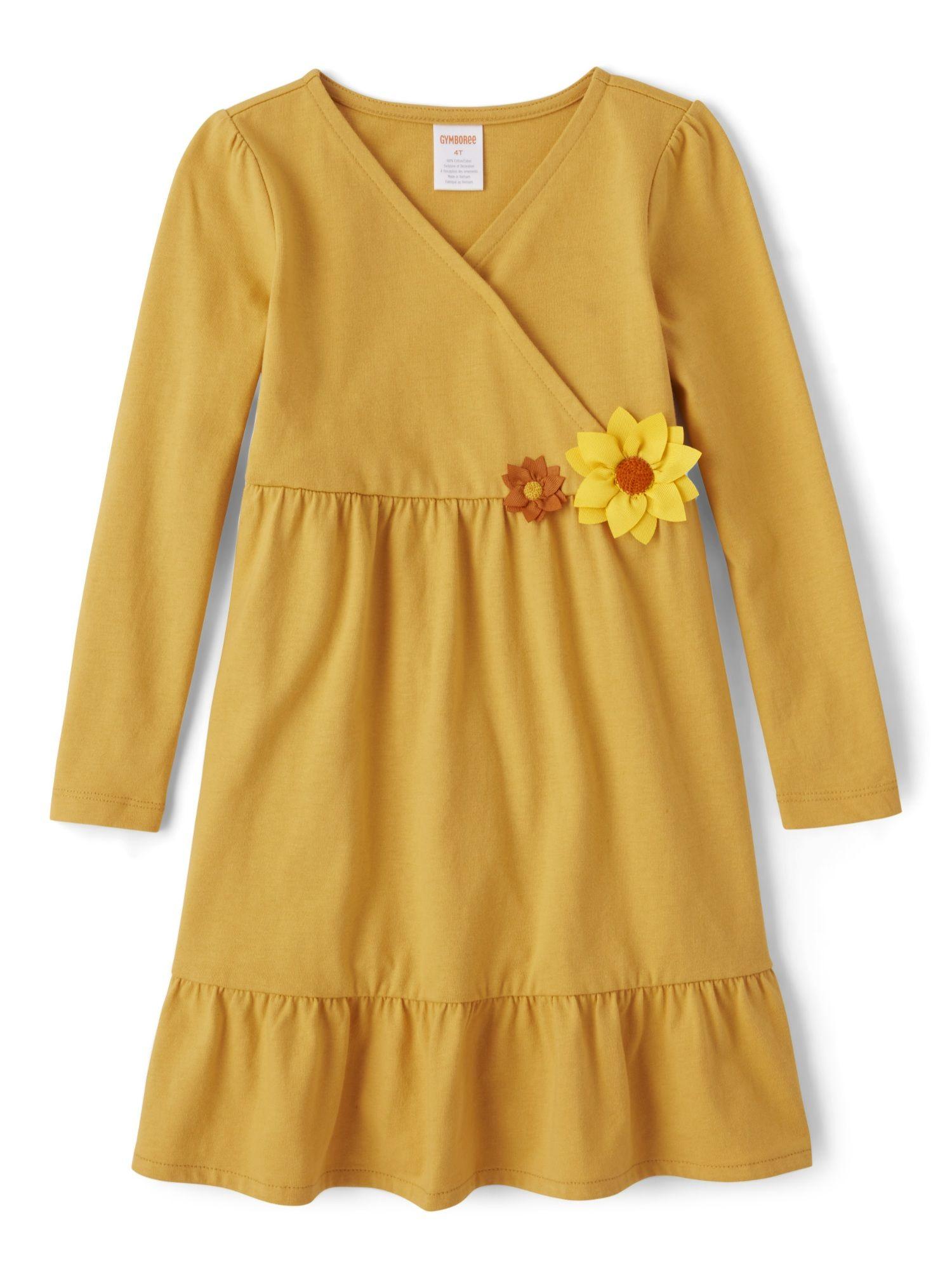 girls yellow v-neck full sleeves ruffle dresses (12-18 months)