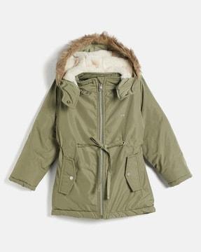 girls zip-front parka jacket with detachable hood