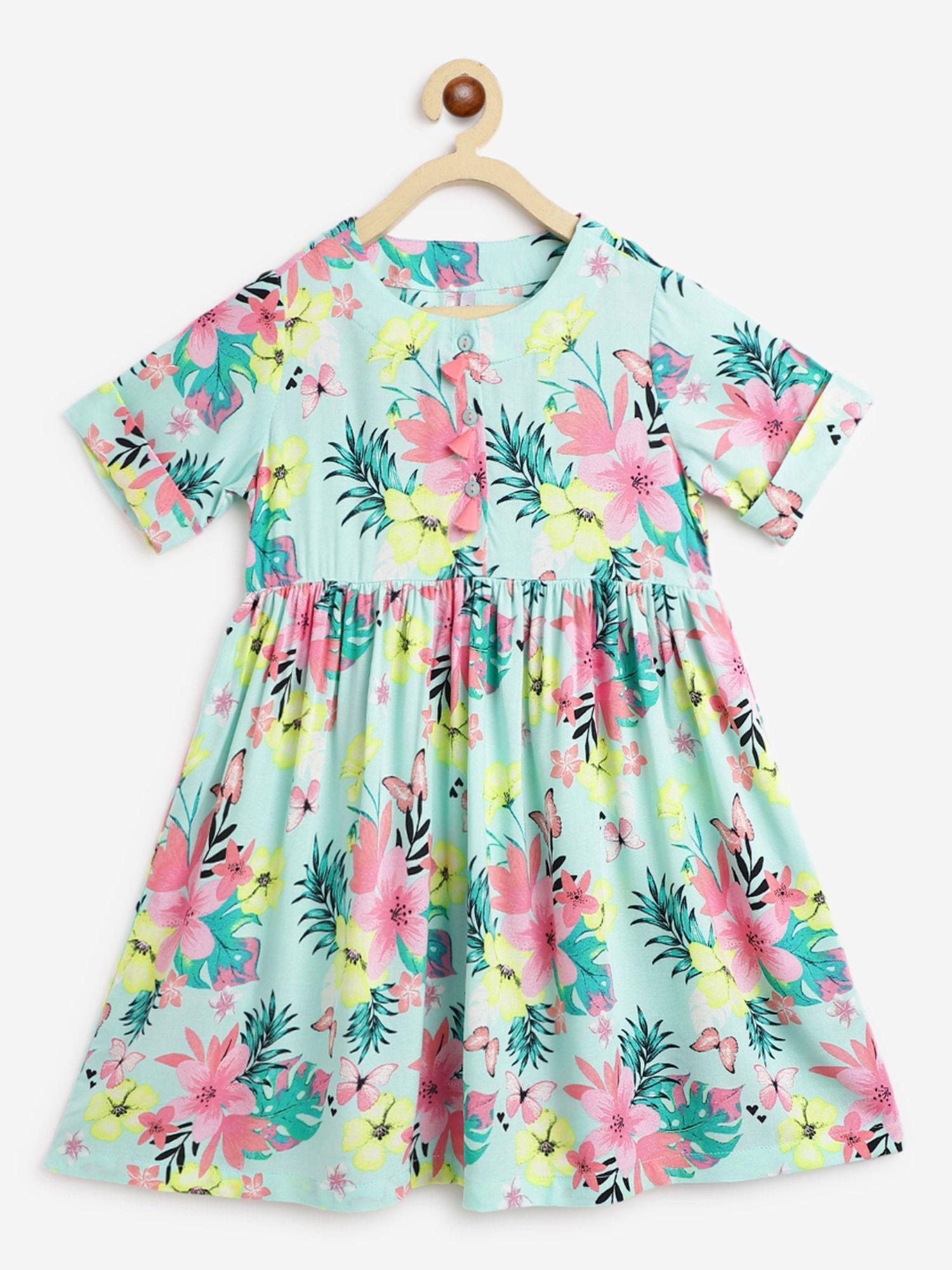 girls zoe floral print fit and flare dress - sea green & pink