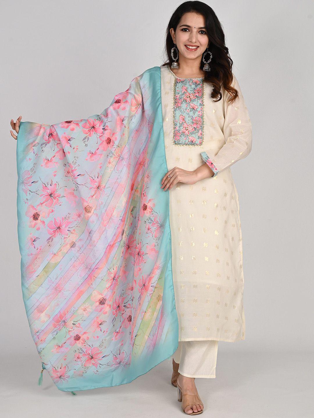 girly girls women cream-coloured printed regular patchwork pure cotton kurta with pyjamas & with dupatta