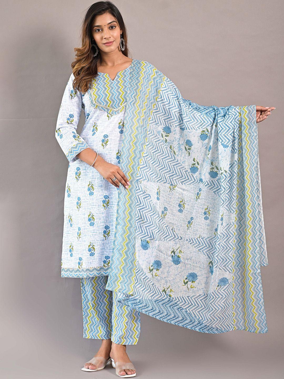 girly girls ethnic motifs printed pure cotton kurta with trousers & dupatta