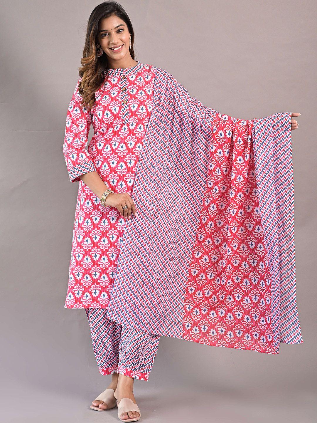 girly girls ethnic motifs printed regular pure cotton kurta with salwar & dupatta