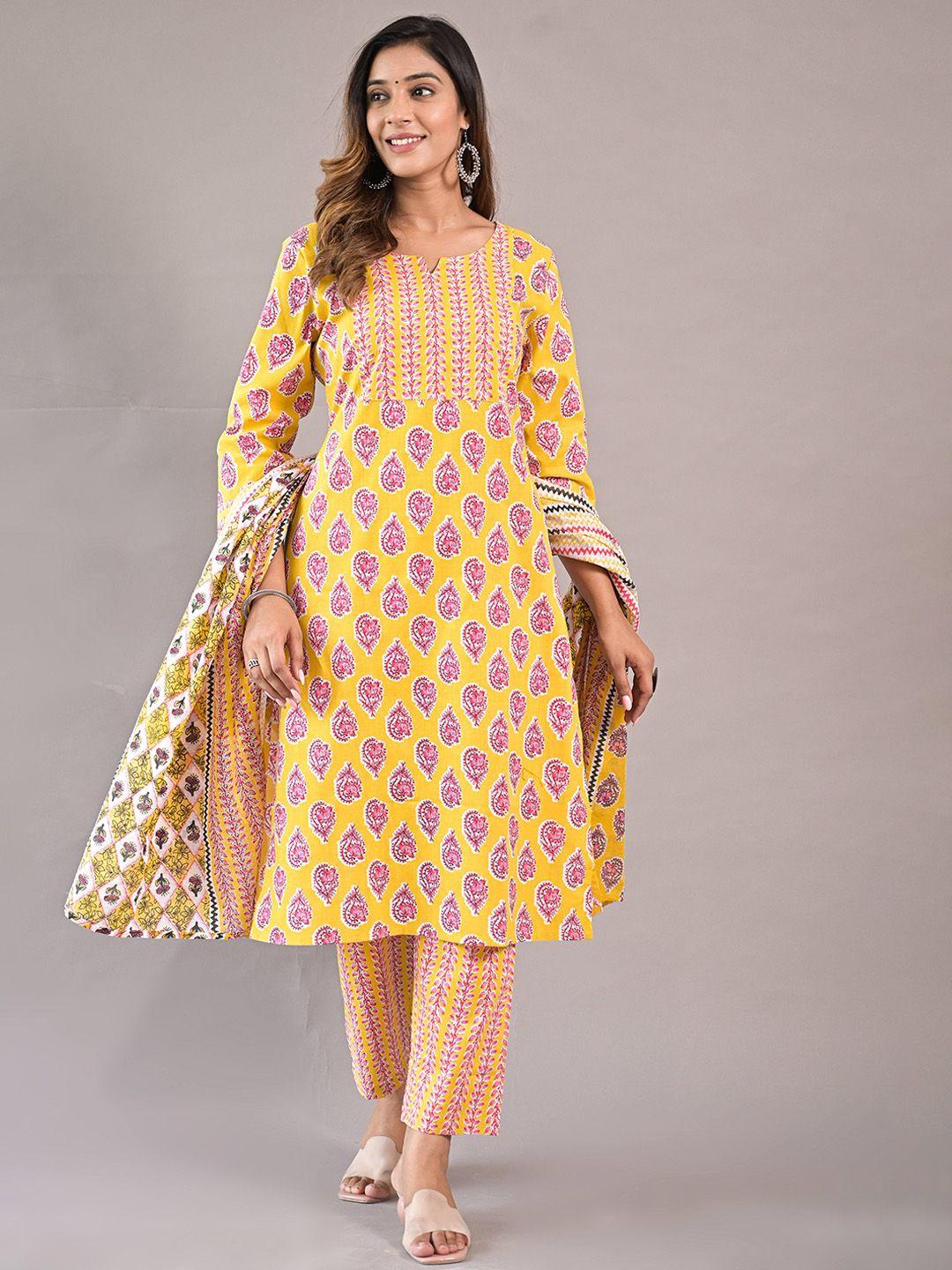 girly girls ethnic motifs printed regular pure cotton kurta with trousers & dupatta