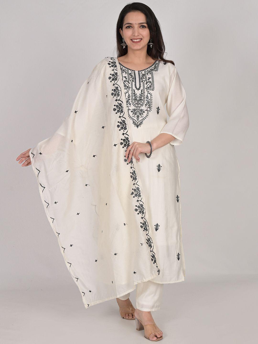 girly girls floral embroidered yoke design raw silk straight kurta & pyjamas & dupatta