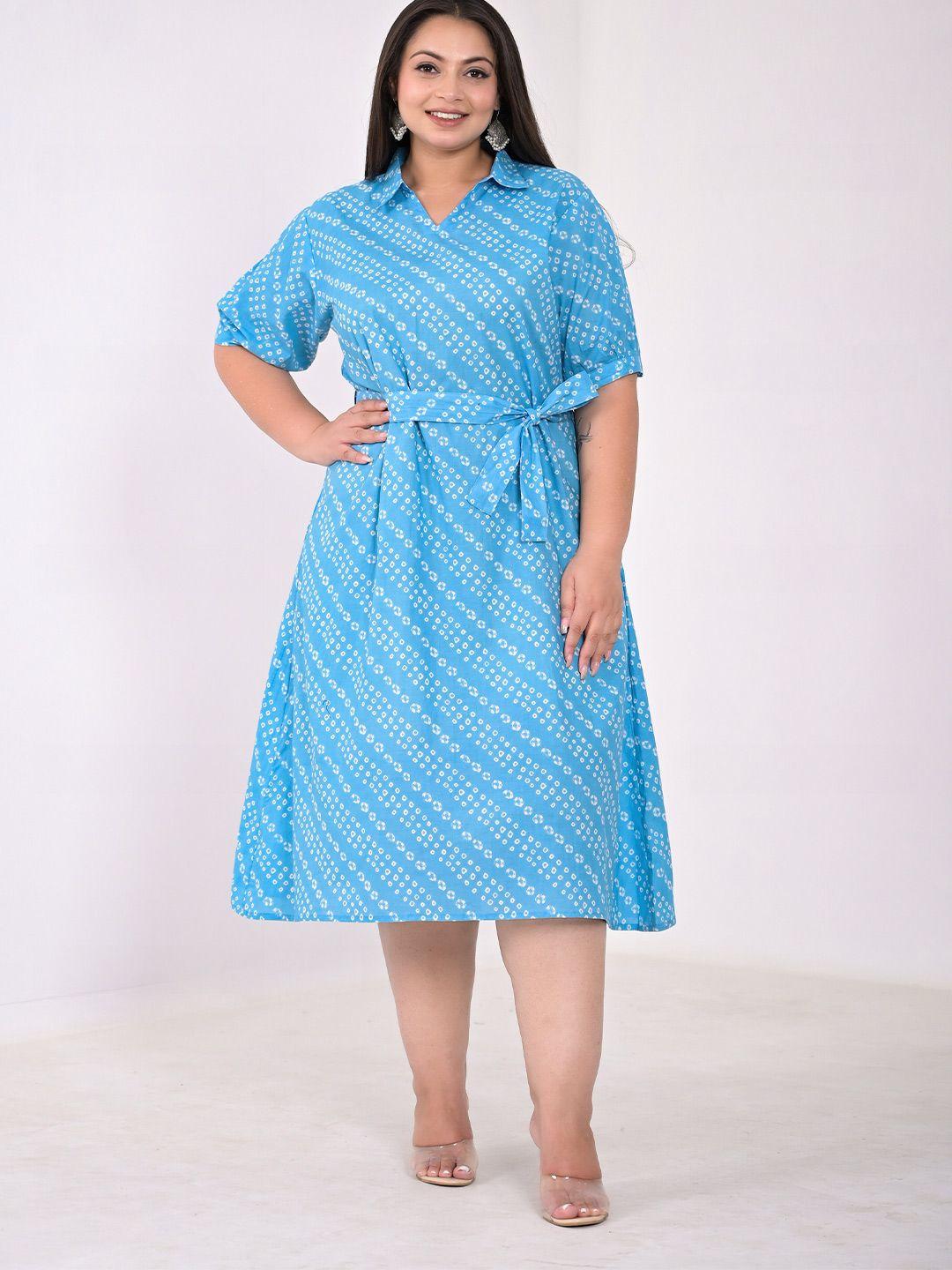 girly girls plus size ethnic motifs printed belted cotton a-line midi dress