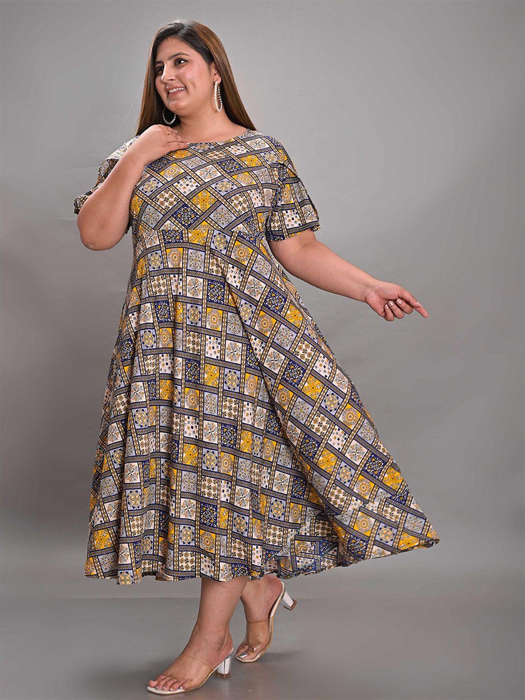 girly girls plus size ethnic motifs printed crepe fit & flare midi dress