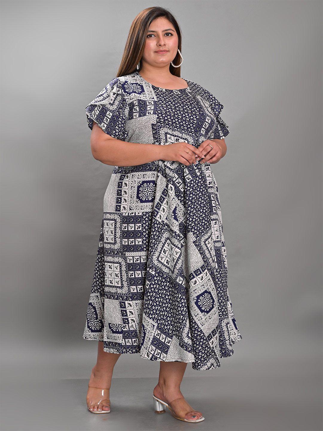 girly plus size ethnic motifs printed fit & flare midi dress