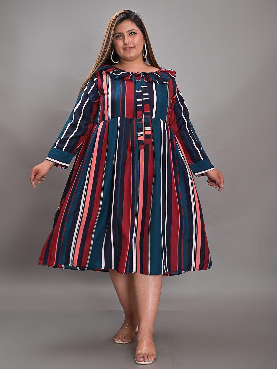 girly plus size striped tie-up neck fit & flare midi dress
