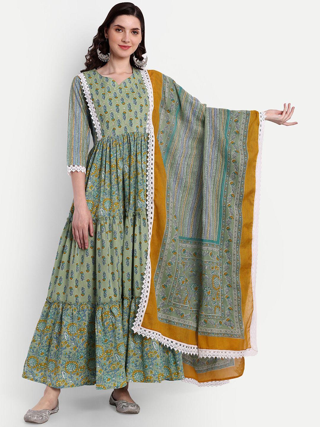 githaan ethnic motifs printed fit and flare maxi pure cotton ethnic dresse with dupatta