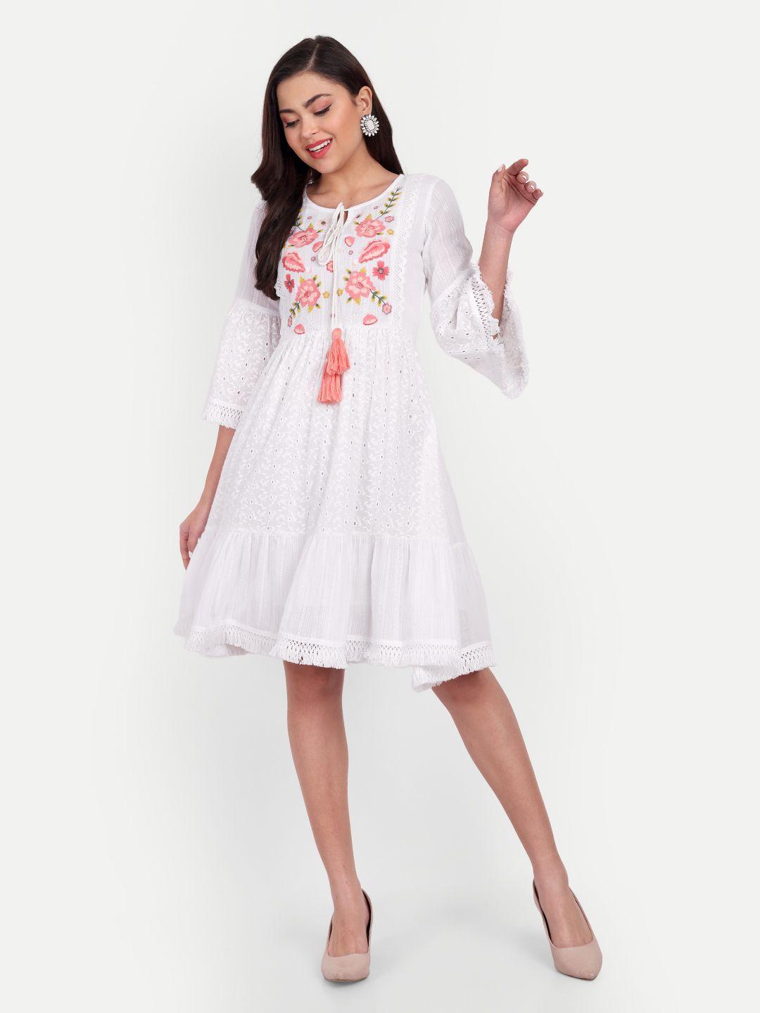 githaan floral embroidered bell sleeve fit & flare dress