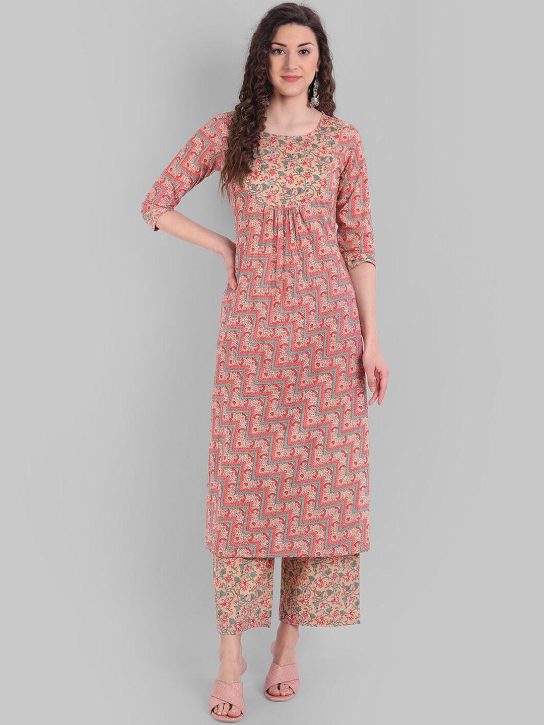 githaan women beige floral printed patchwork pure cotton kurta with palazzos