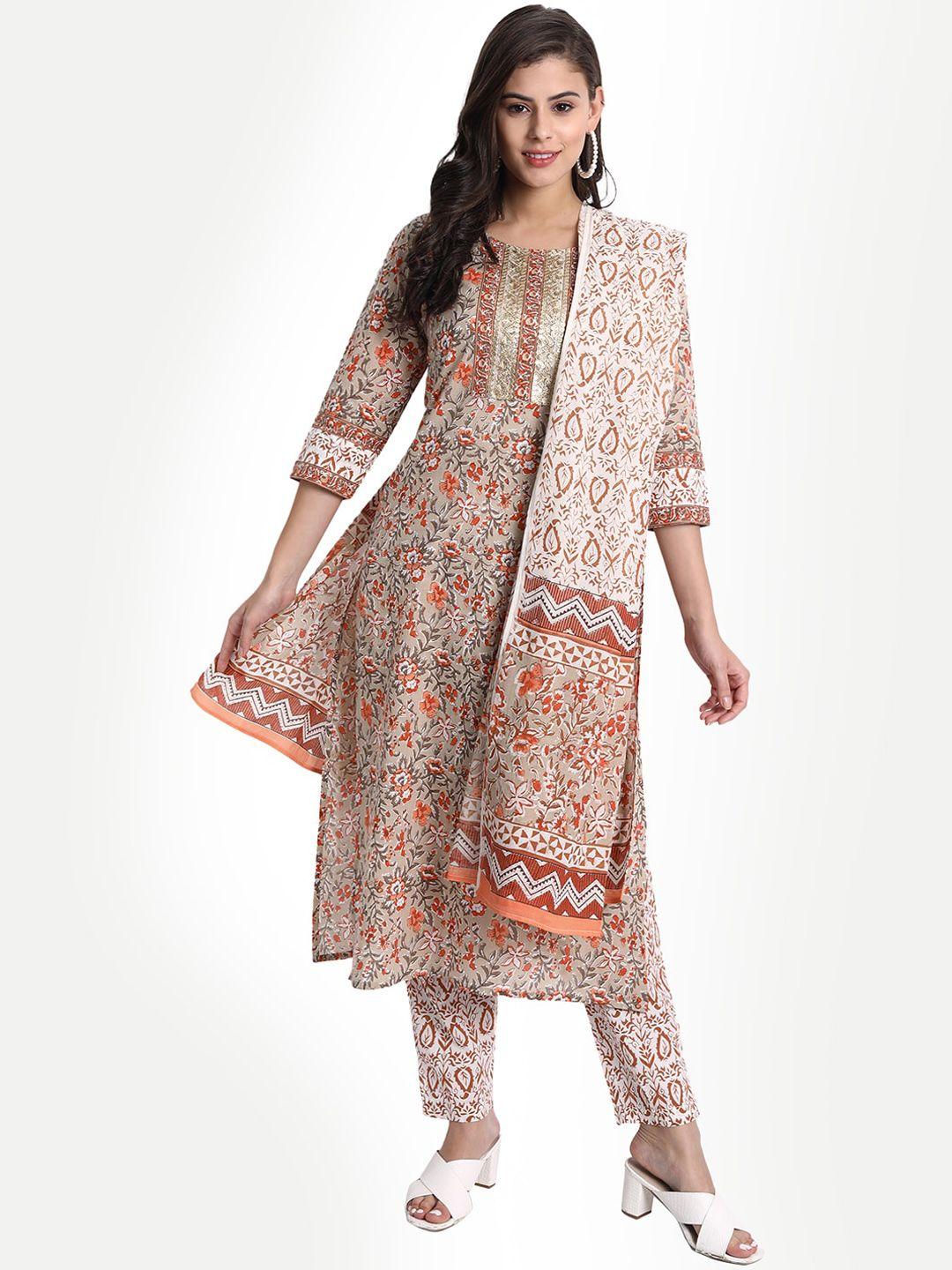 githaan women beige floral printed sequinned pure cotton kurti with churidar & with dupatta