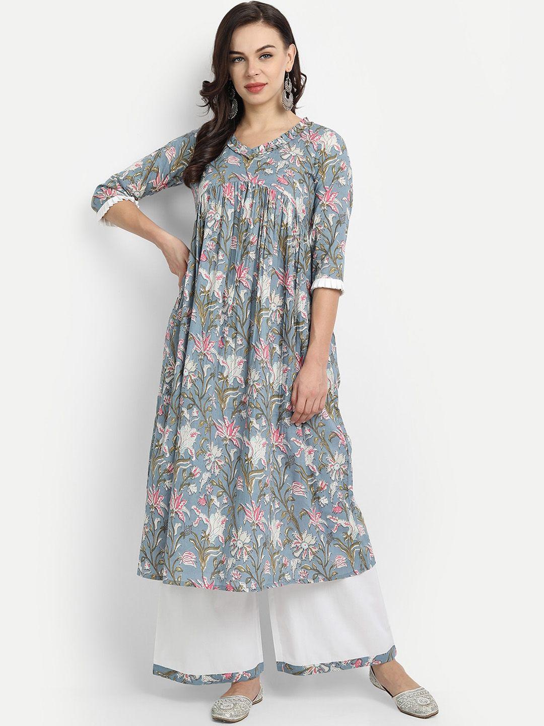 githaan women blue floral printed pleated pure cotton kurti with palazzos