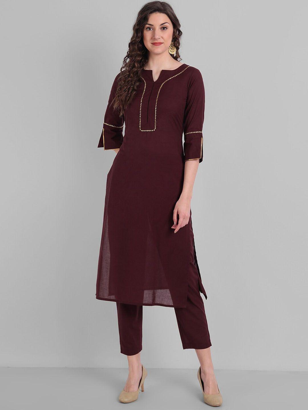 githaan women burgundy solid gotta patti detail pure cotton kurta with trouser