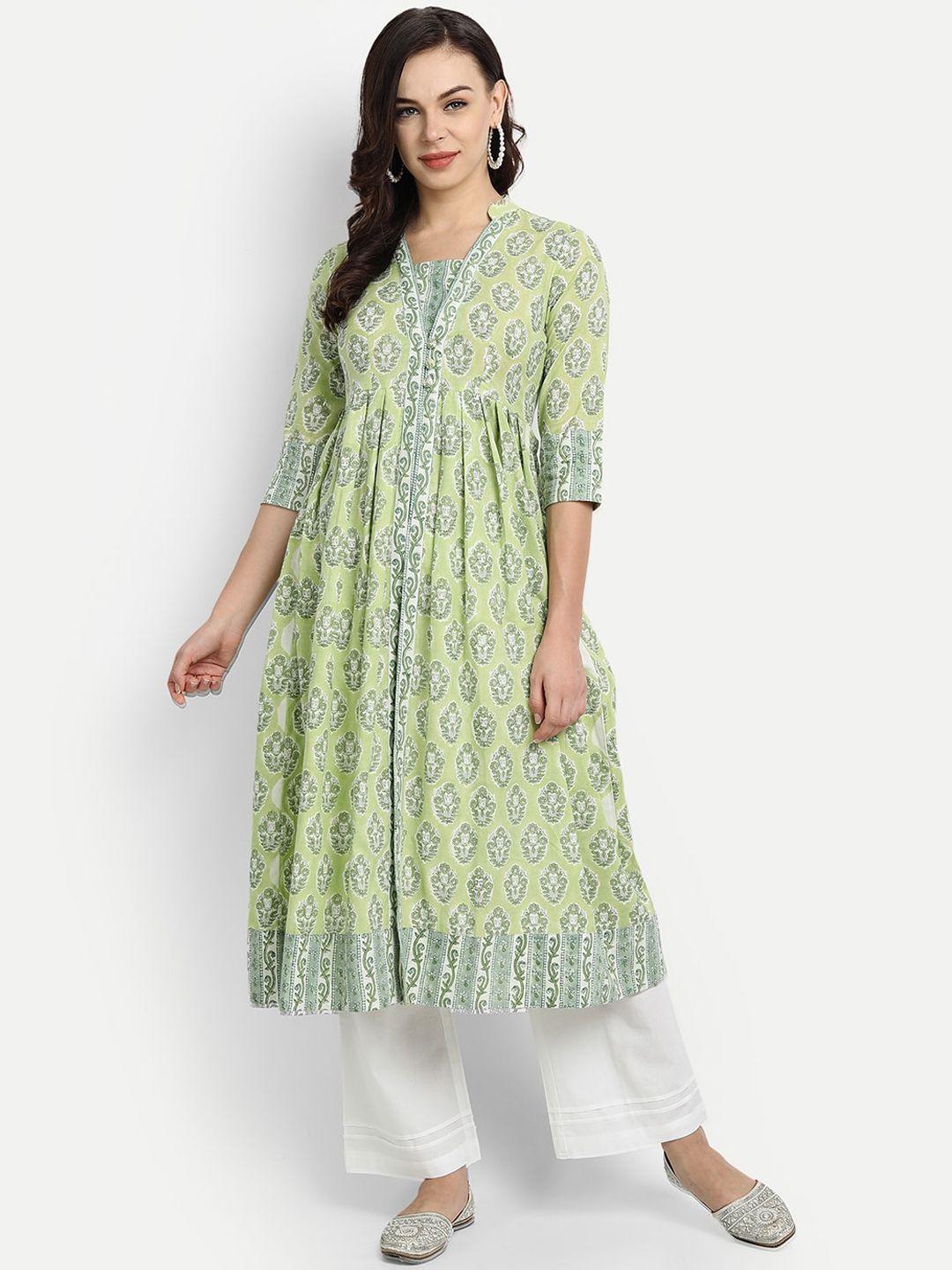 githaan women green ethnic motifs printed pure cotton kurta with trousers