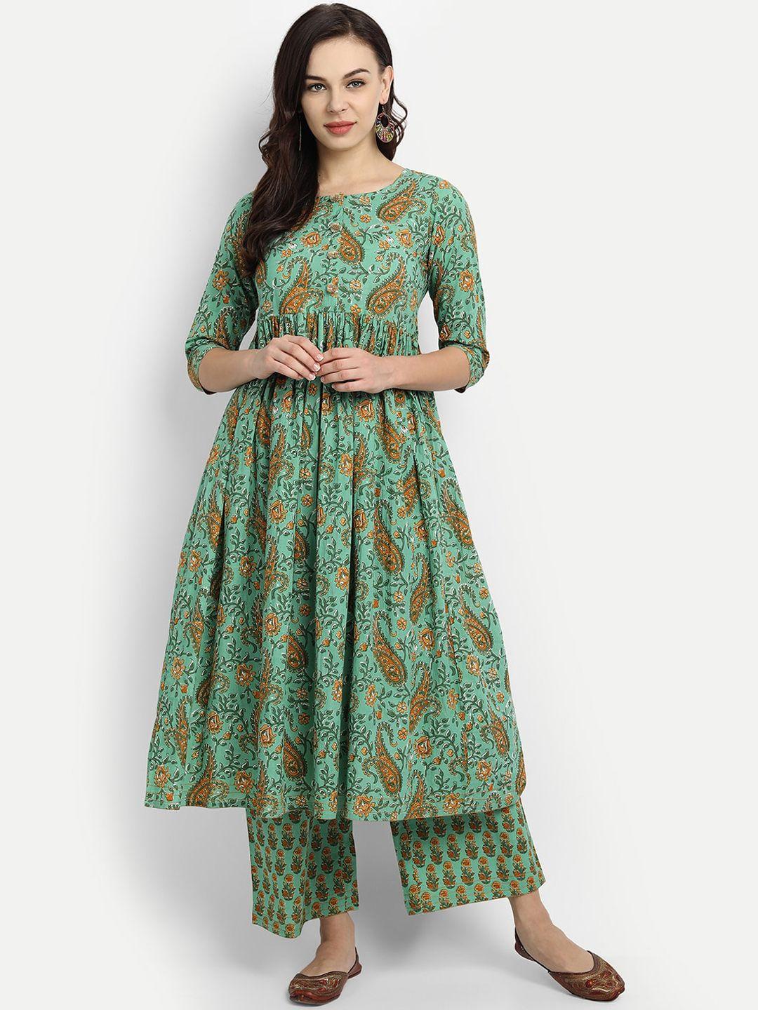 githaan women green floral printed pleated pure cotton kurti with palazzos