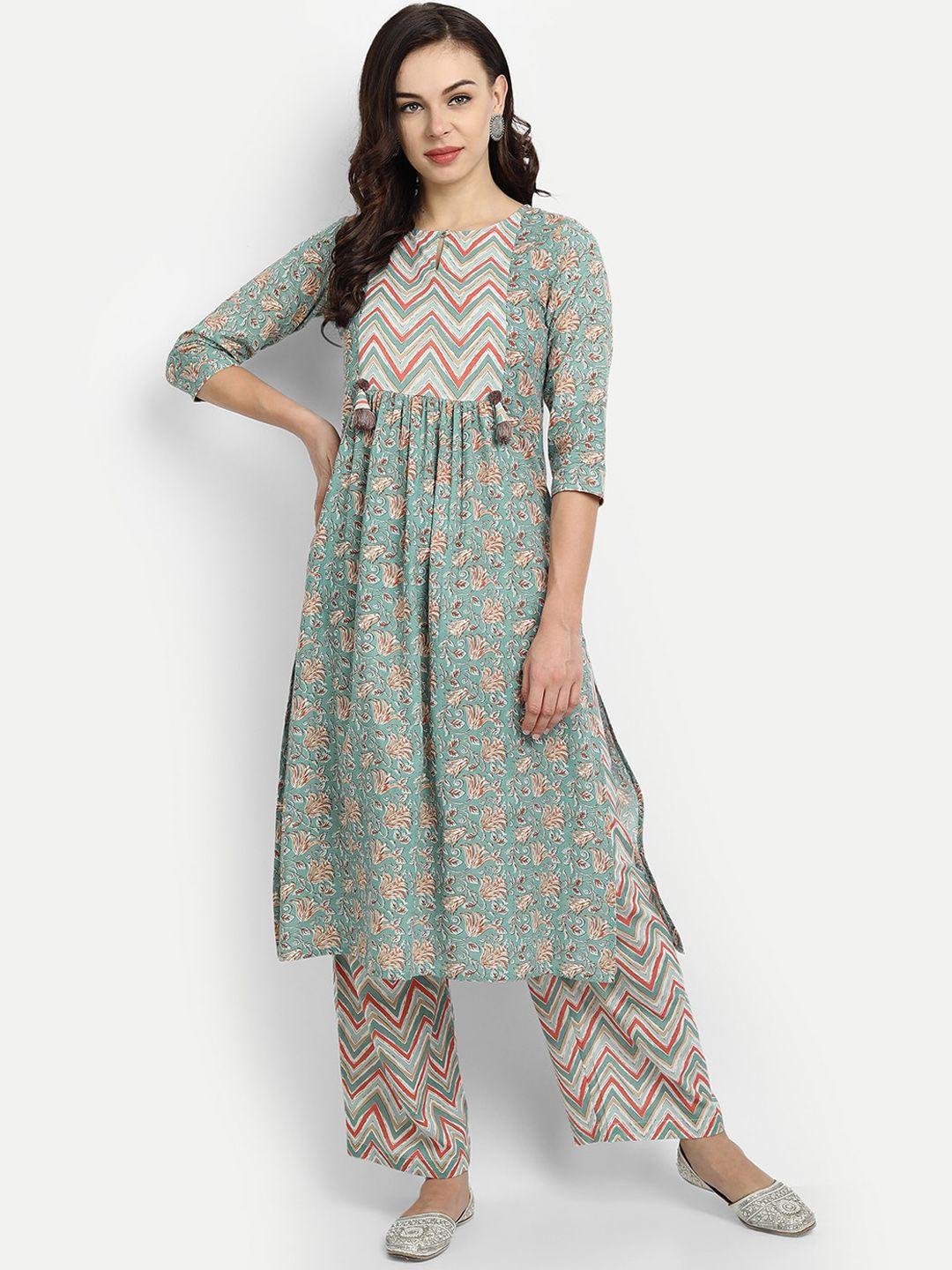 githaan women multicoloured ethnic motifs printed pleated pure cotton kurta with trousers