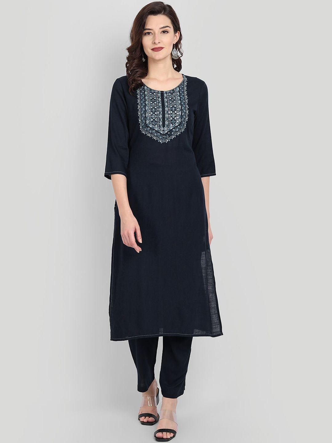 githaan women navy blue embroidered panelled mirror work kurti with trousers