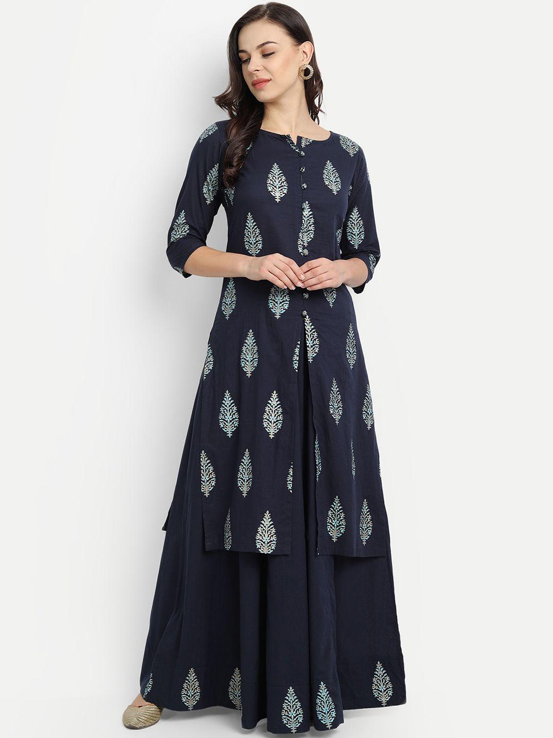 githaan women navy blue ethnic motifs printed panelled pure cotton kurta with skirt