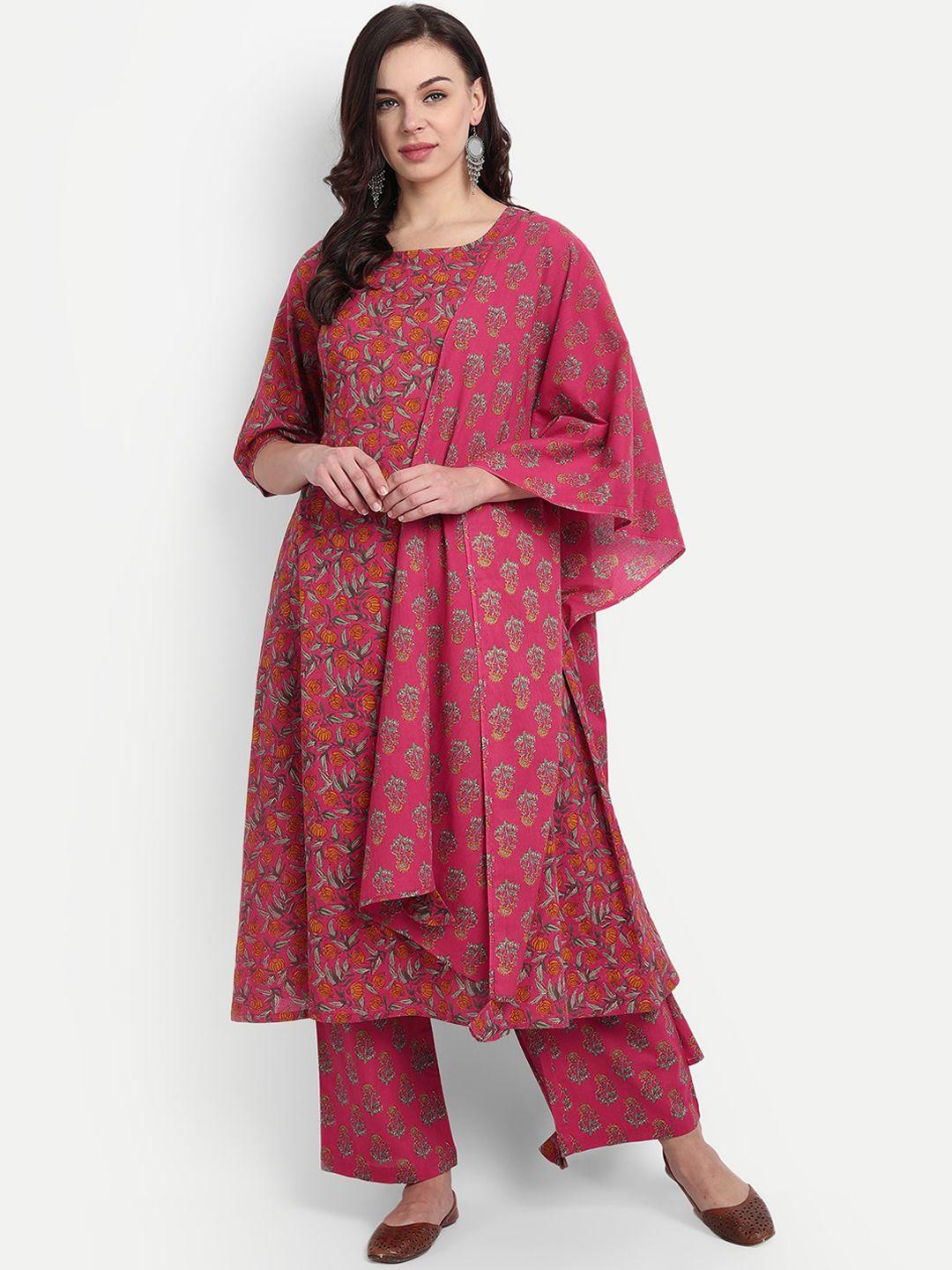 githaan women pink floral printed layered pure cotton kurta with palazzos & with dupatta