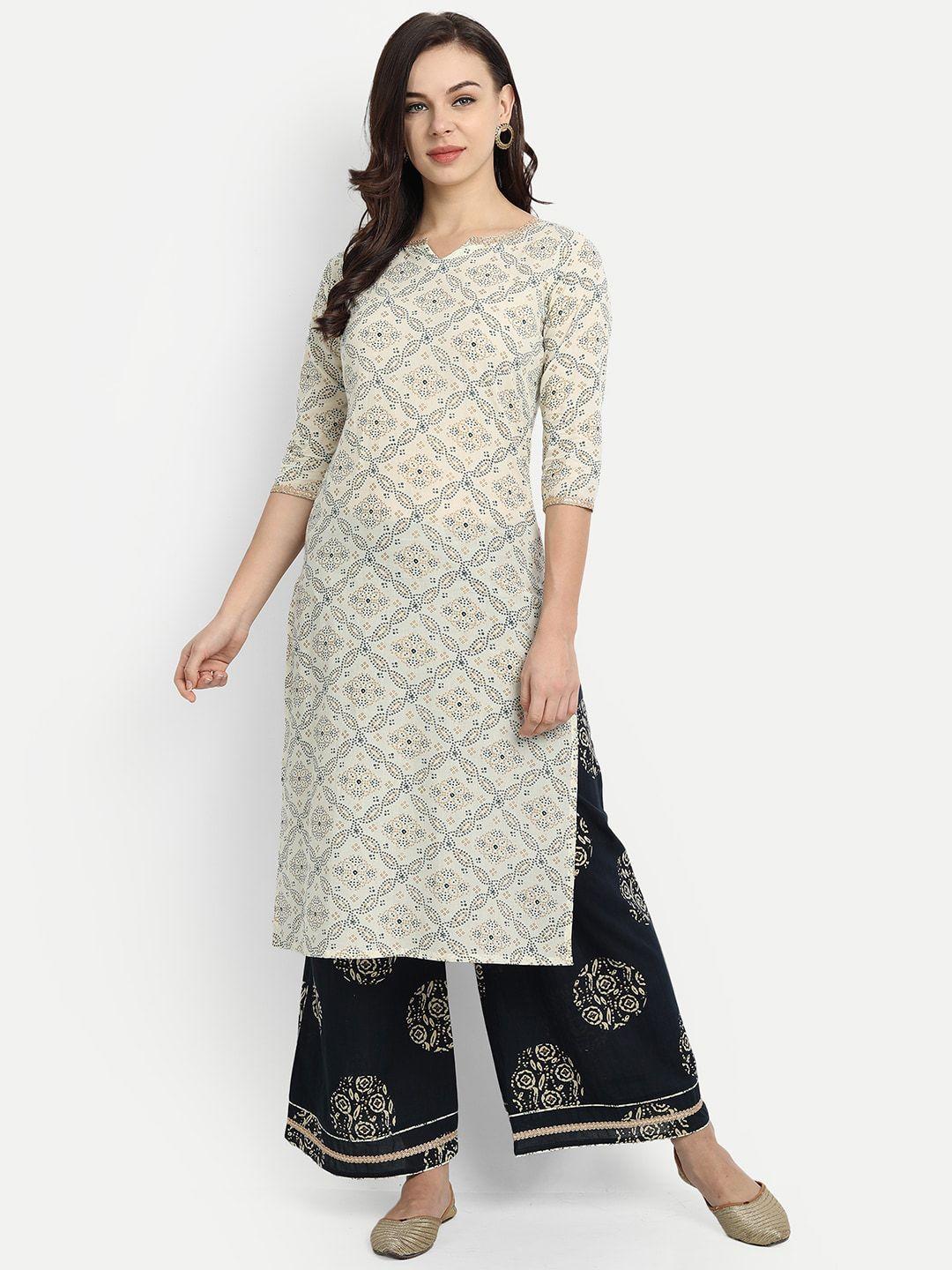 githaan women white floral printed pure cotton kurti with palazzos