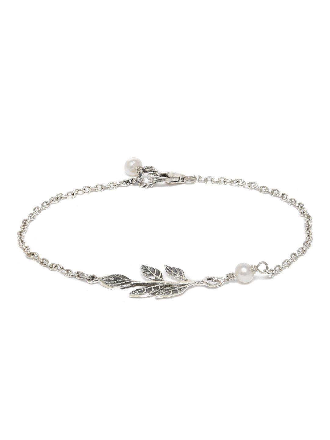 giva  925 sterling silver rhodium-plated oxidised leaf charm bracelet