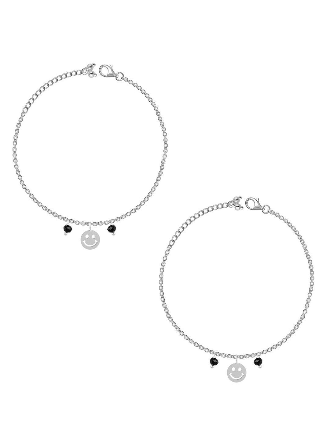giva girls set of 2 925 sterling silver rhodium-plated beaded smiling face anklets