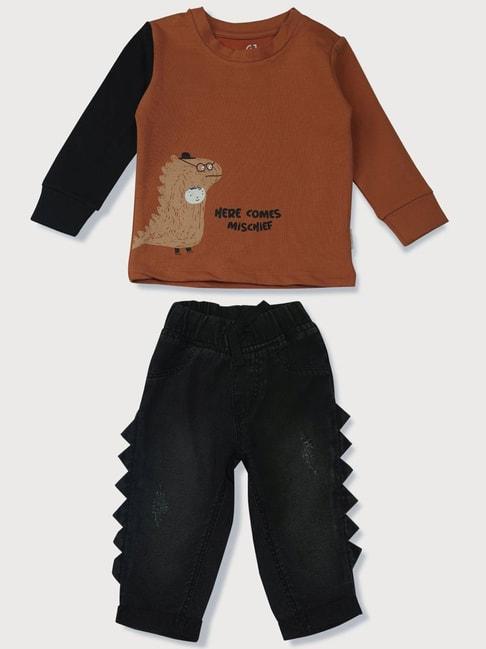 gj-baby-kids-brown-&-black-cotton-graphic-full-sleeves-t-shirt-set