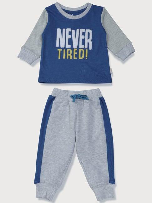gj baby kids blue & grey cotton color block full sleeves sweatshirt set