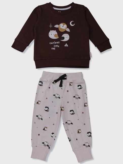 gj baby kids maroon & pink graphic full sleeves t-shirt set