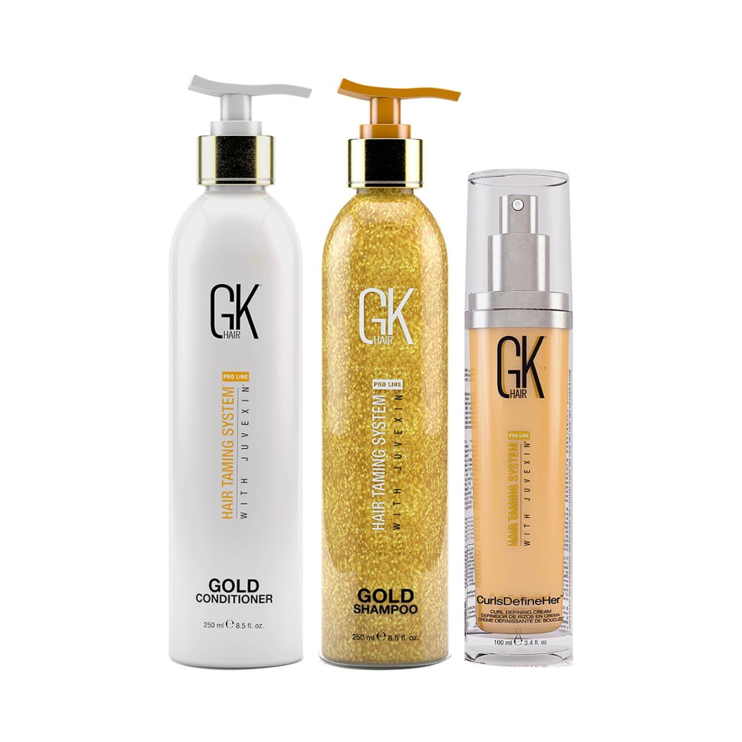 gk hair gold shampoo and conditioner 250ml with curls defineher her 100ml