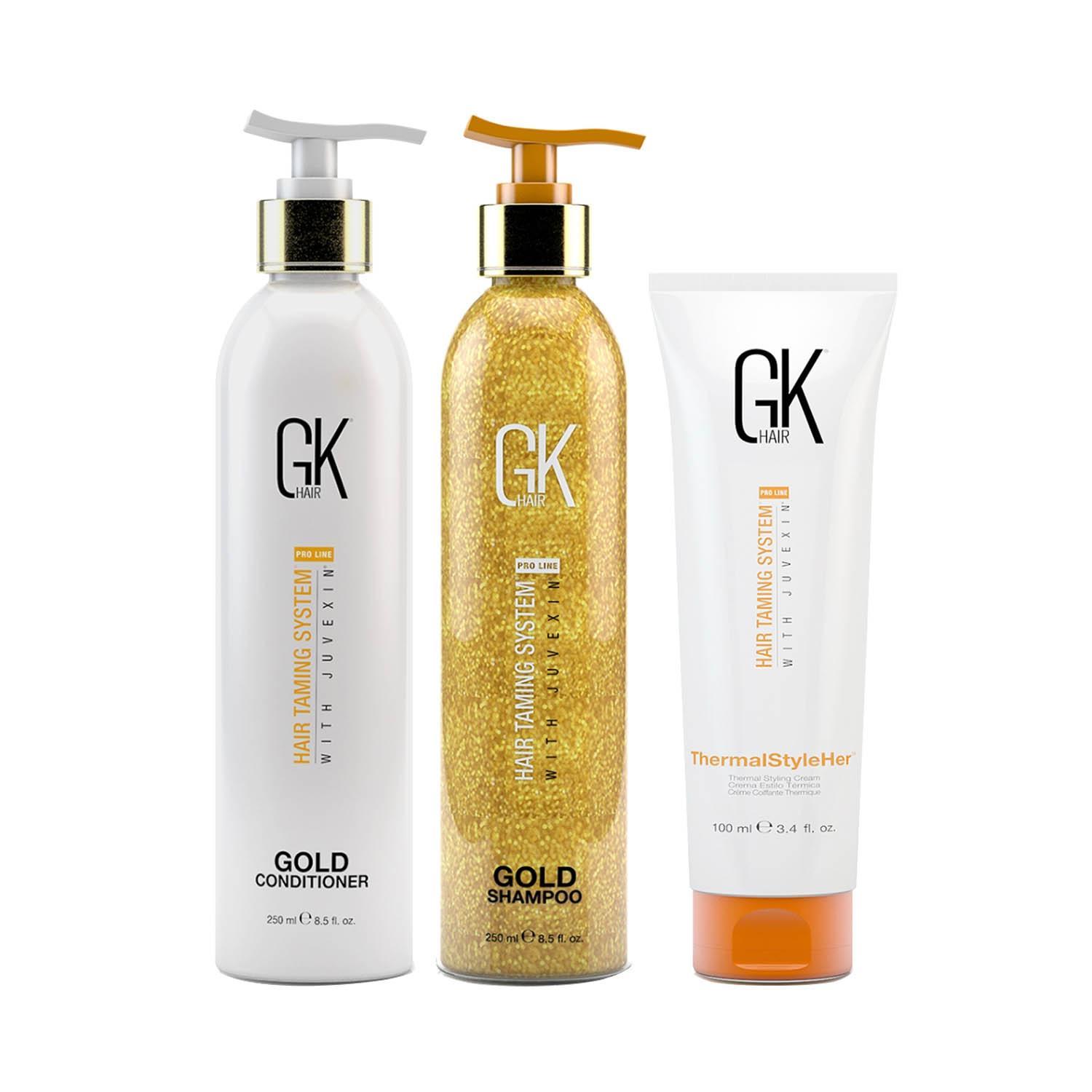 gk hair gold shampoo and conditioner 250ml with thermal styler cream 100ml