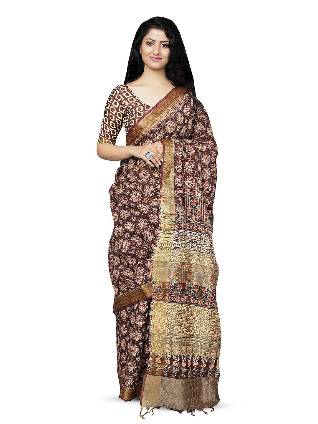 gk fashion floral zari cotton linen block print saree