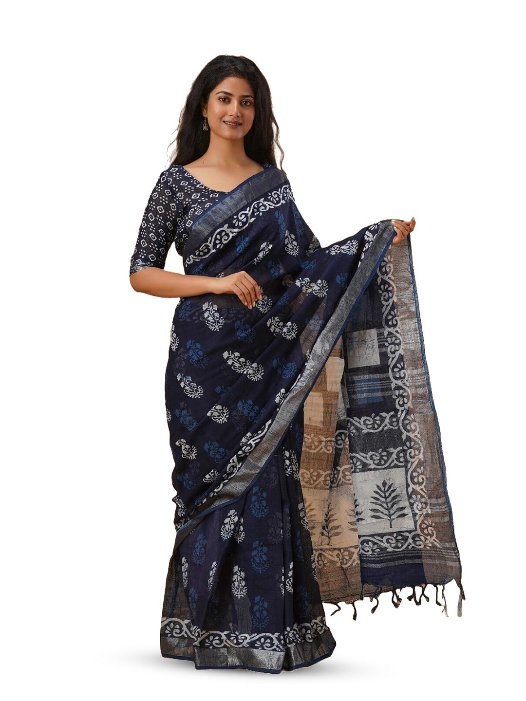 gk fashion floral zari cotton linen block print saree
