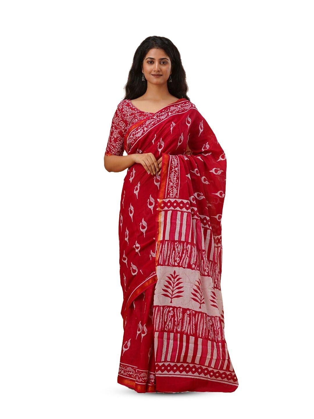 gk fashion floral zari pure cotton block printed saree