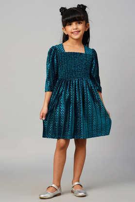 glam up solid polyester square neck girls party wear dress - blue