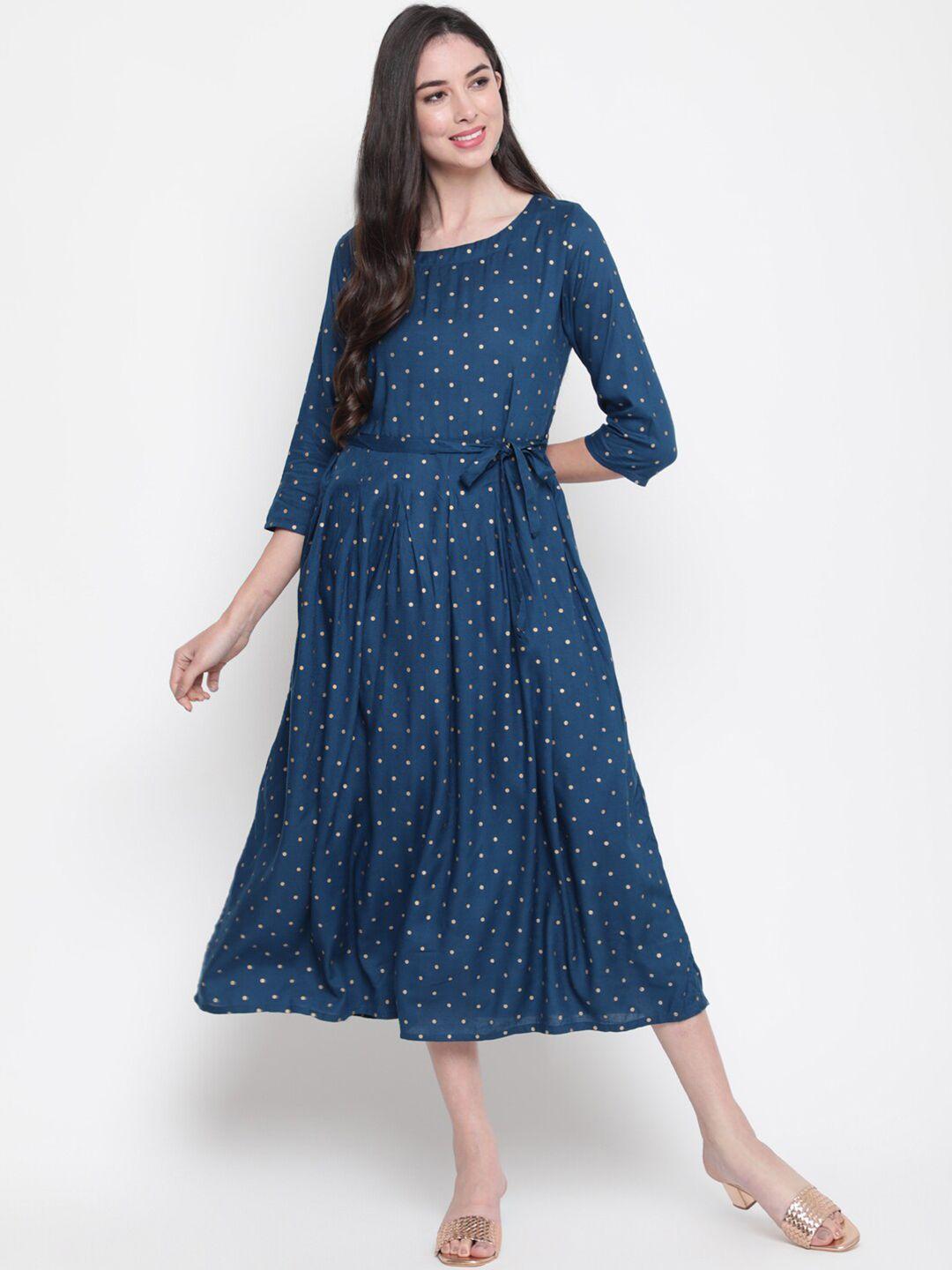 glam roots blue polka dot a-line midi dress