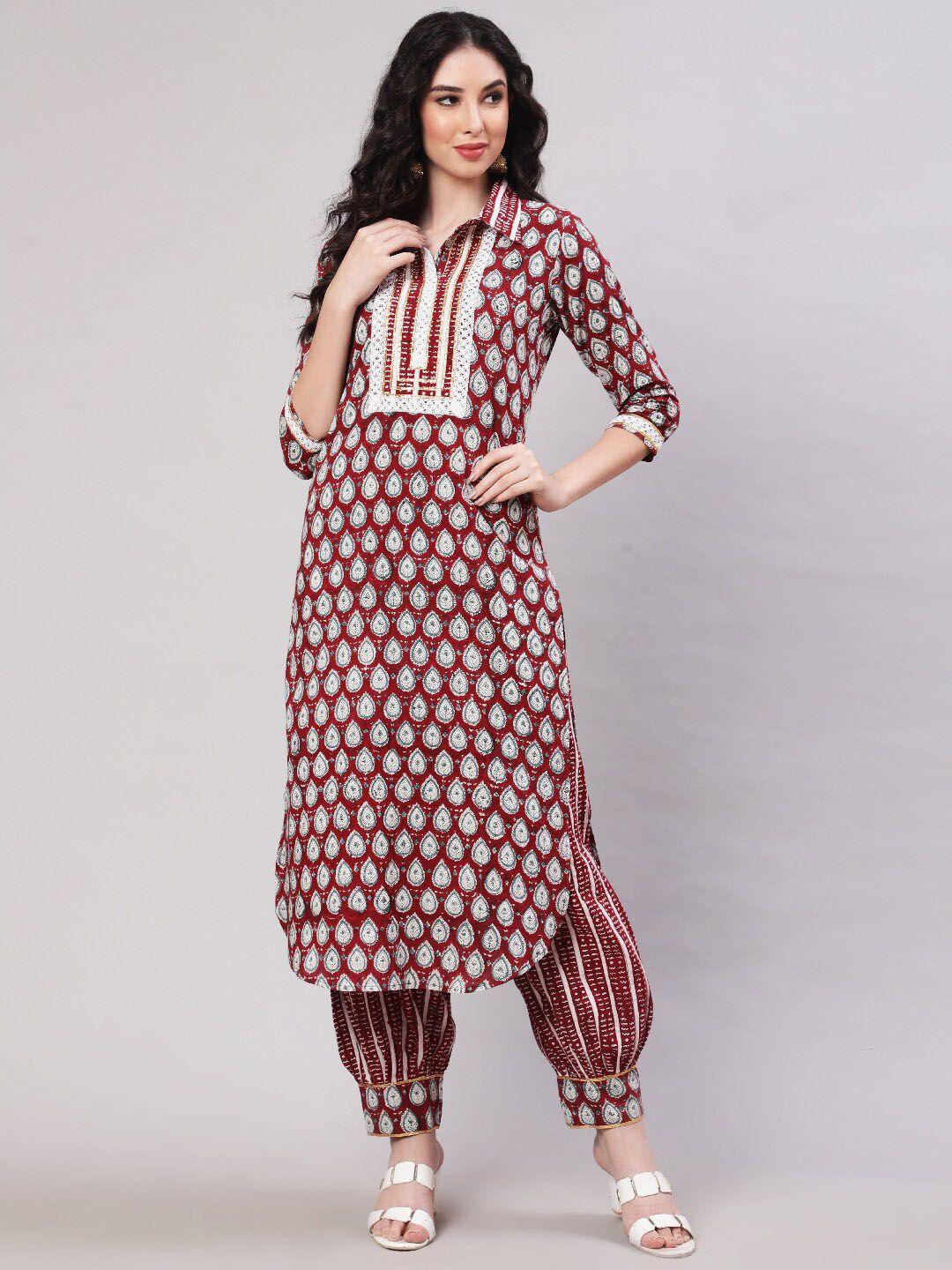 glam roots ethnic motif printed regular thread work kurta with pyjamas