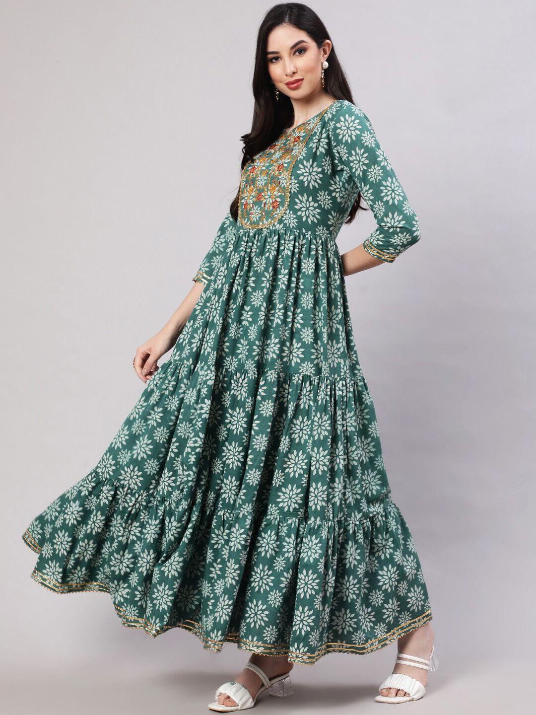 glam roots ethnic motifs printed embroidered tiered fit & flare ethnic dress