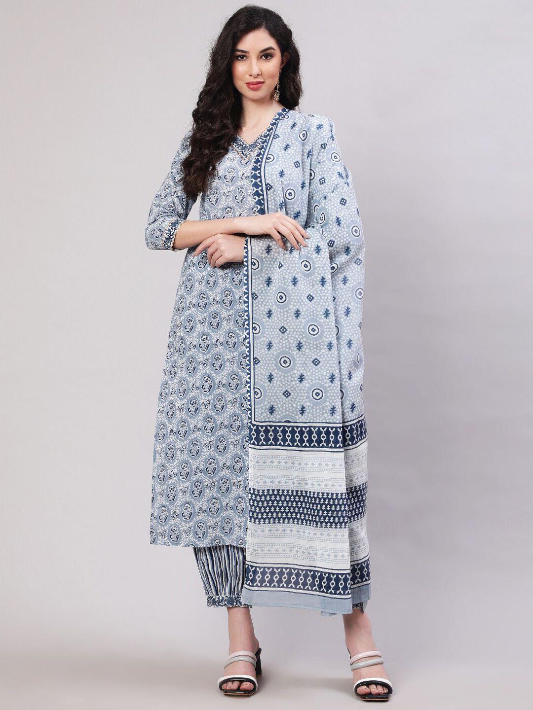 glam roots ethnic motifs printed pure cotton kurta & salwar with dupatta